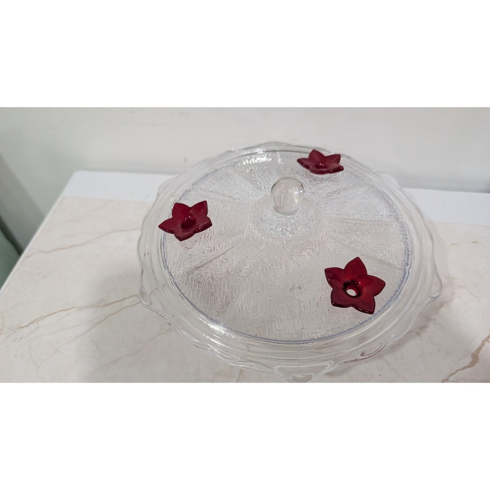 Vtg Glass Hummingbird Feeder Table top Glass Lid/Plastic Basin Clear Red Flowers